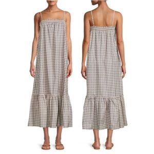 Smocked Gingham Midi Dress Adjustable Straps Tiered Ruffle Hem Cotton Blend